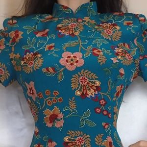 TEAL FLORAL SILK DRESS
